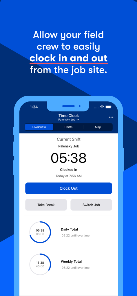 Interface de l'application mobile Buildertrend présentant la fonction de pointage permettant aux équipes de chantier de pointer à l'arrivée et au départ des chantiers.