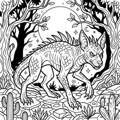Delve into the folklore of the Chupacabra with this captivating coloring page, featuring the elusive creature amidst a moonlit, spooky forest. Its detailed scales and menacing gaze offer a thrilling canvas for your imagination.