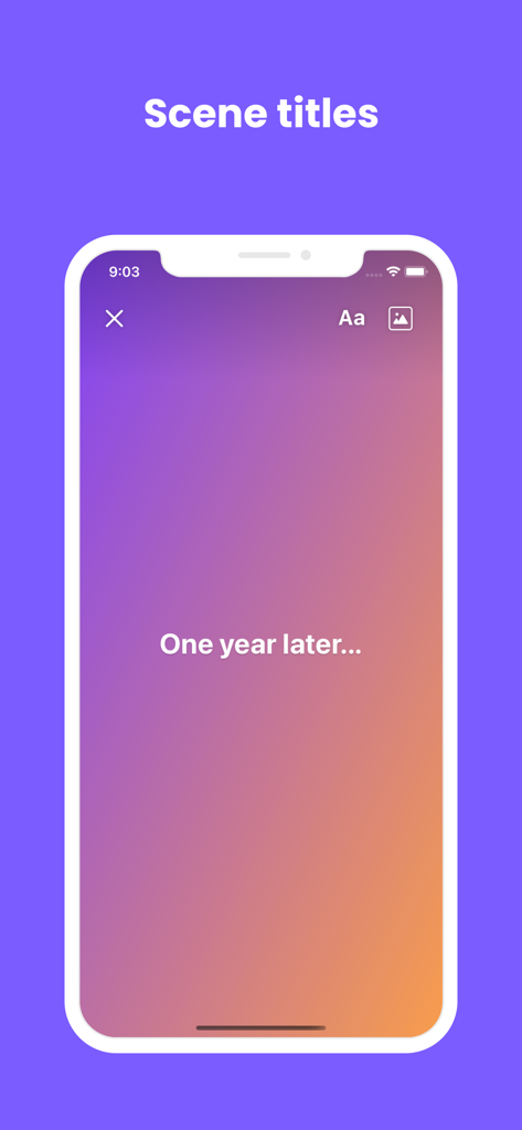 TypeStory - A screenshot of the TypeStory app displaying a scene title feature with a purple and orange gradient background and the text One year later