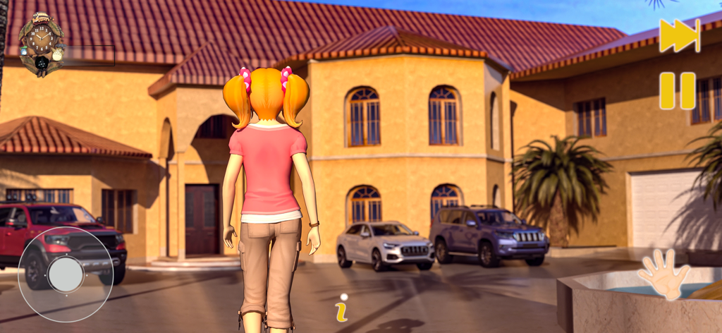 Anime High School Girl 3D Life - Una personaje de chica de anime parada frente a una mansión de lujo con varios autos caros en un mundo 3D.