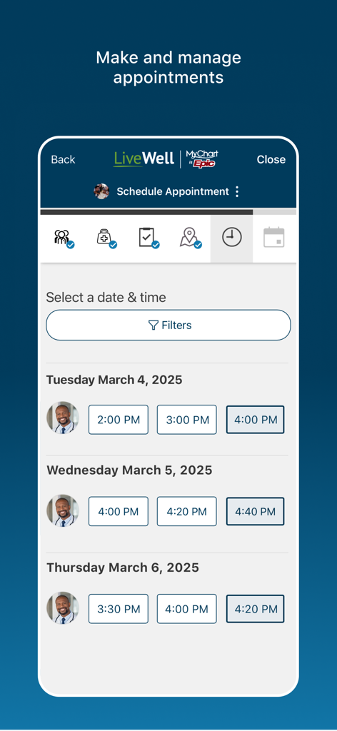 Interface of the LiveWell app showing a list of available dates and time slots for scheduling medical appointments with a provider