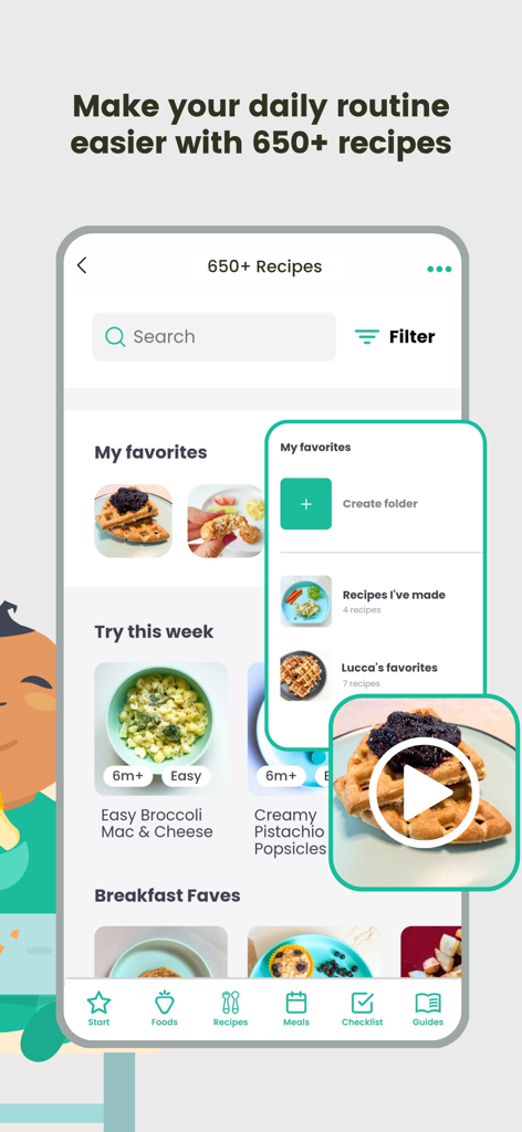 BLW Meals: Starting Solids - BLW Meals app screen displaying healthy baby recipes and organized favorites folders.