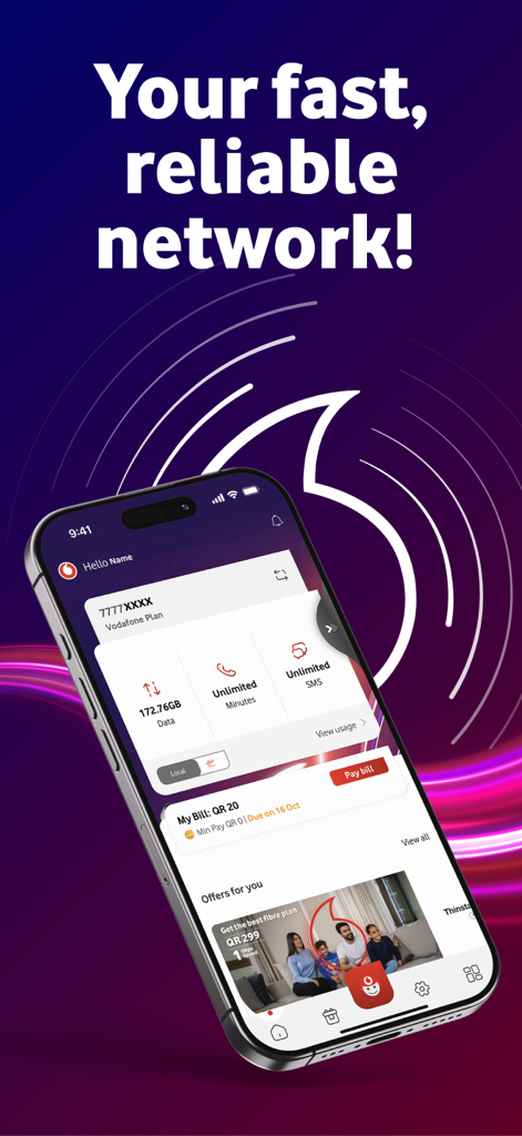 My Vodafone Qatar app dashboard displaying data usage and plan details on a smartphone