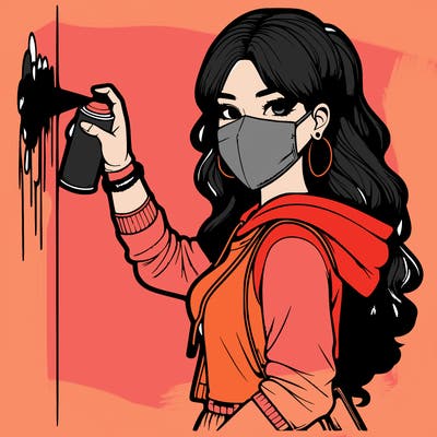 realistic girl with mask spray painting a wall