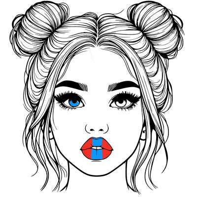 realistic girl with two buns on her hair and lips