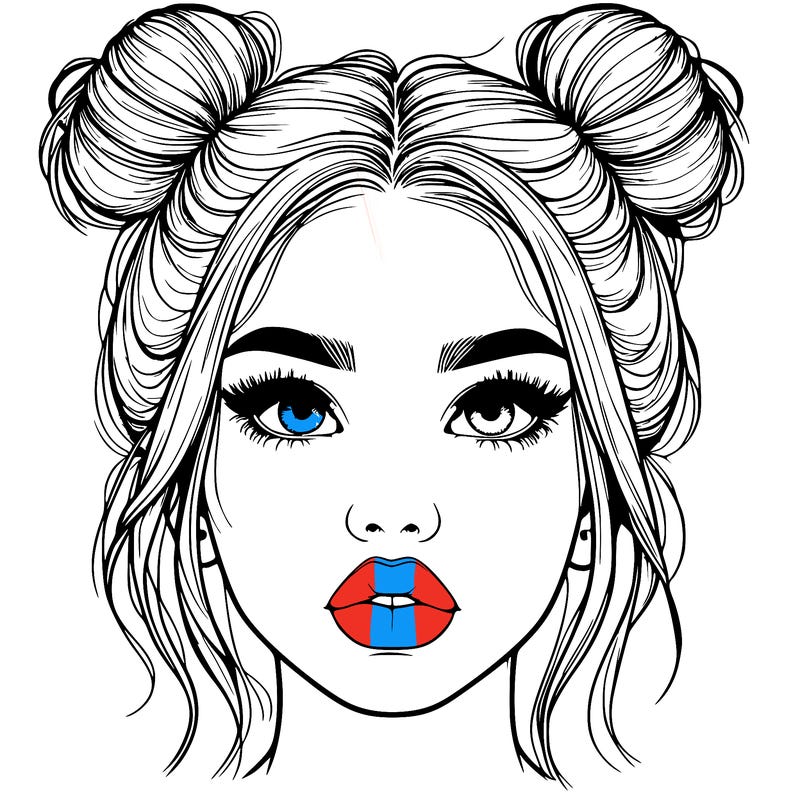 realistic girl with two buns on her hair and lips
