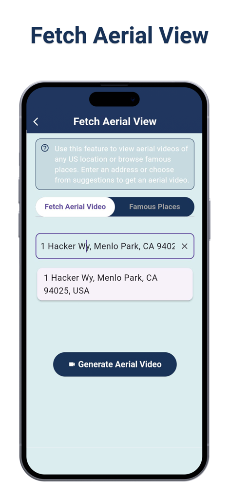 Oberfläche zur Suche einer Adresse, um ein Luftbildvideo zu generieren