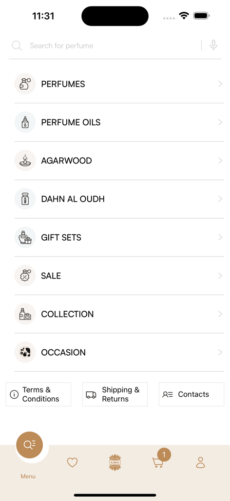 Interfaz de la app móvil mostrando el menú de categorías de Perfumes Ajmal con opciones de aceites de perfume y agarwood.