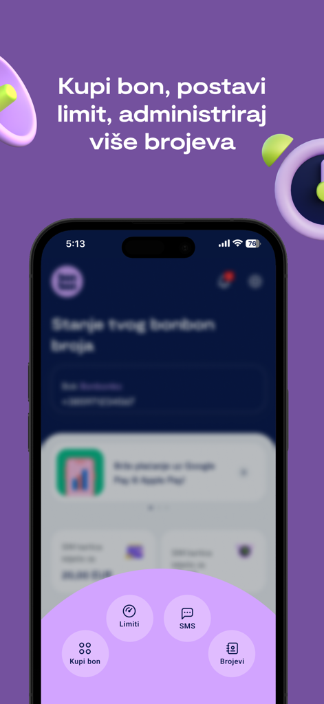 Moj bonbon app interface showing menu for top-ups limits and managing multiple numbers