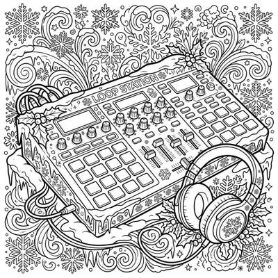 Dive into a unique blend of music and winter magic with this detailed loop station coloring page. Perfect for those who love electronic music and the festive chill of the season.