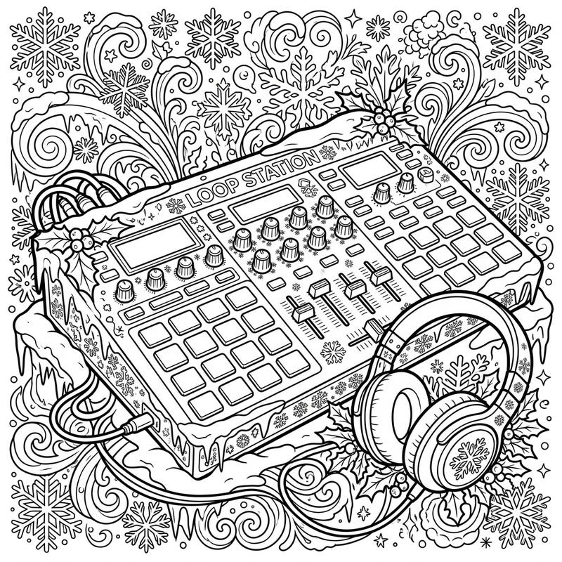 Dive into a unique blend of music and winter magic with this detailed loop station coloring page. Perfect for those who love electronic music and the festive chill of the season.