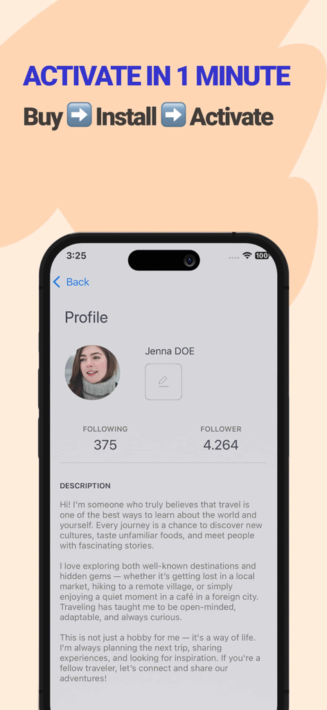 eLink eSIM:Trip Data+Internet - eLink eSIM app user profile screen featuring quick activation steps and travel community profile
