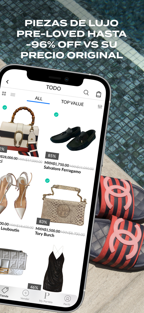 Portèlo -Luxury Fashion Market - Schermata dello smartphone che mostra l'app Portelo con borse e scarpe di lusso di seconda mano scontate