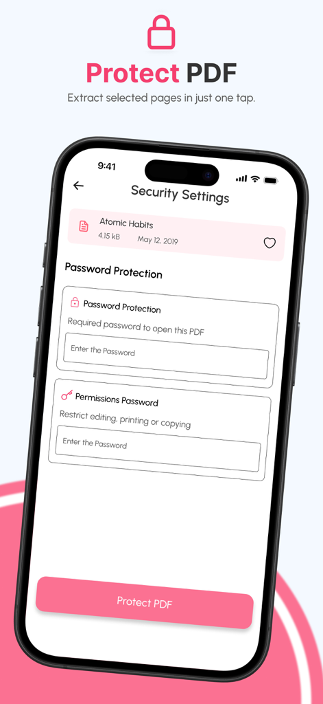 パスワード保護や権限設定などのオプションが表示された、PDFリーダーアプリのセキュリティ設定を示すスマートフォン画面。