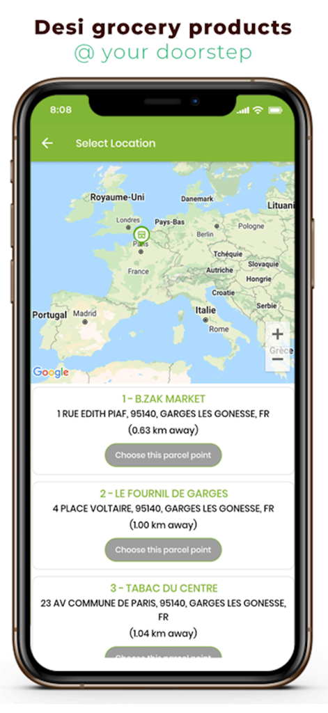 Annachi - Annachi app screen showing a map and local pickup points for grocery delivery