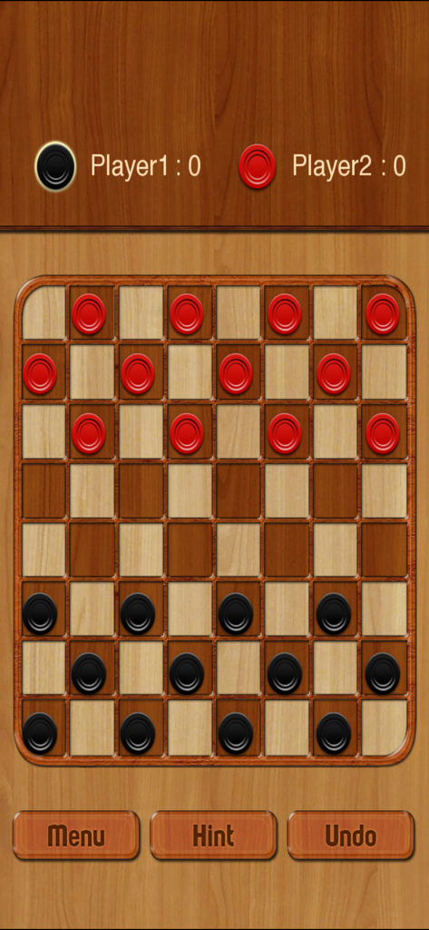 A digital checkers board with red and black pieces on a wooden surface.