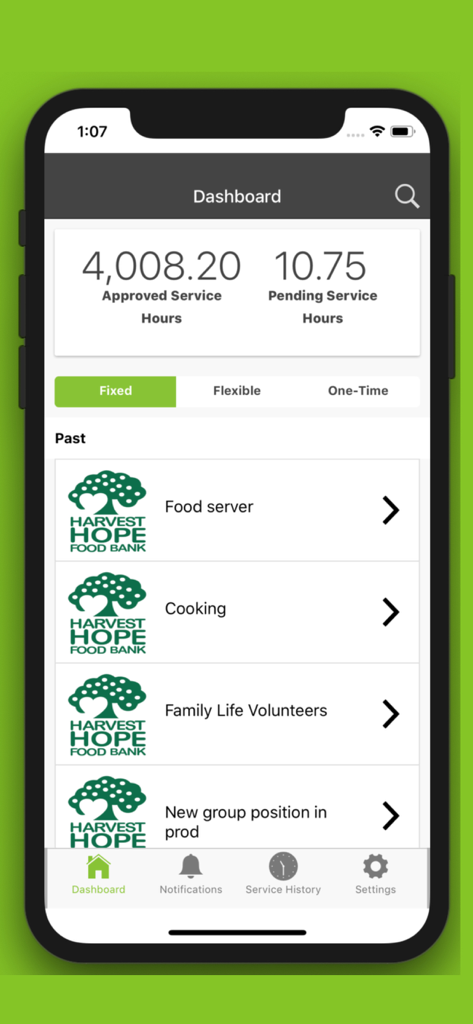 VolunteerMark app dashboard displaying approved service hours and past volunteer roles at a food bank