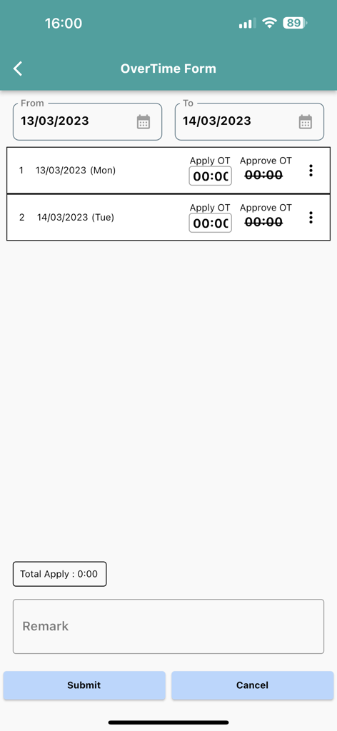 Formulario de solicitud de horas extra en la aplicación móvil HR2000 iPayroll que muestra la selección de fecha y los campos de entrada de horas