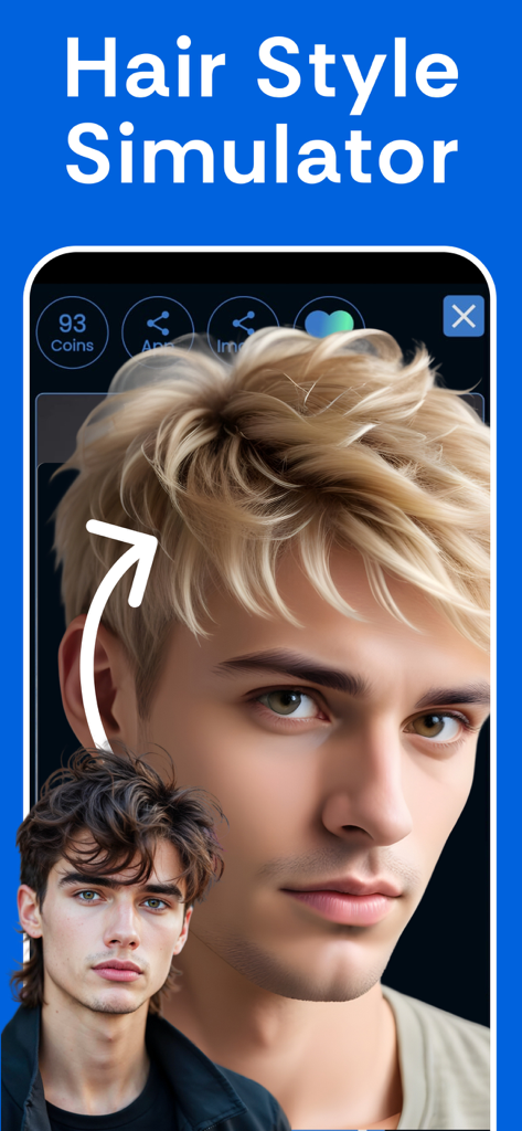 Eine mobile App-Oberfläche mit dem Titel Hair Style Simulator, die einen Mann zeigt, der mit KI eine blonde, texturierte Frisur ausprobiert