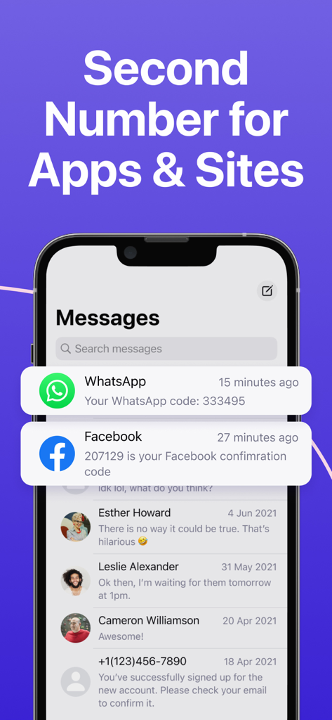 Second Phone Number ™ 2nd Line - Interfaccia dello smartphone che mostra codici di verifica da WhatsApp e Facebook ricevuti su una seconda linea telefonica.