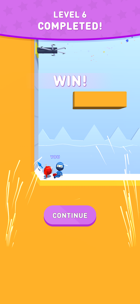 Victory screen of Ninja Battle game showing level 6 completed with the blue ninja character
