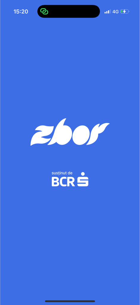Zbor - Spațiu de Explorat - Écran de démarrage de l'application Zbor avec son logo blanc sur fond bleu et le logo de parrainage BCR en bas.