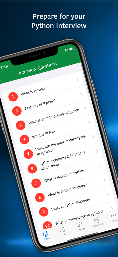 Una lista de preguntas frecuentes de entrevista de Python mostradas en una pantalla de aplicación móvil