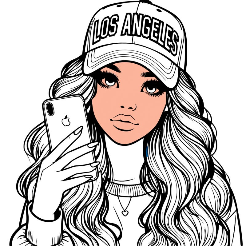 realistic beautiful girl wearing los ángeles cap holding an iphone