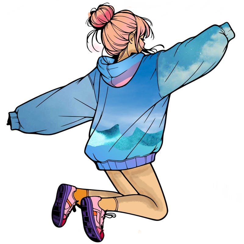 realistic girl jumping with a bun and oversized sweatshirt