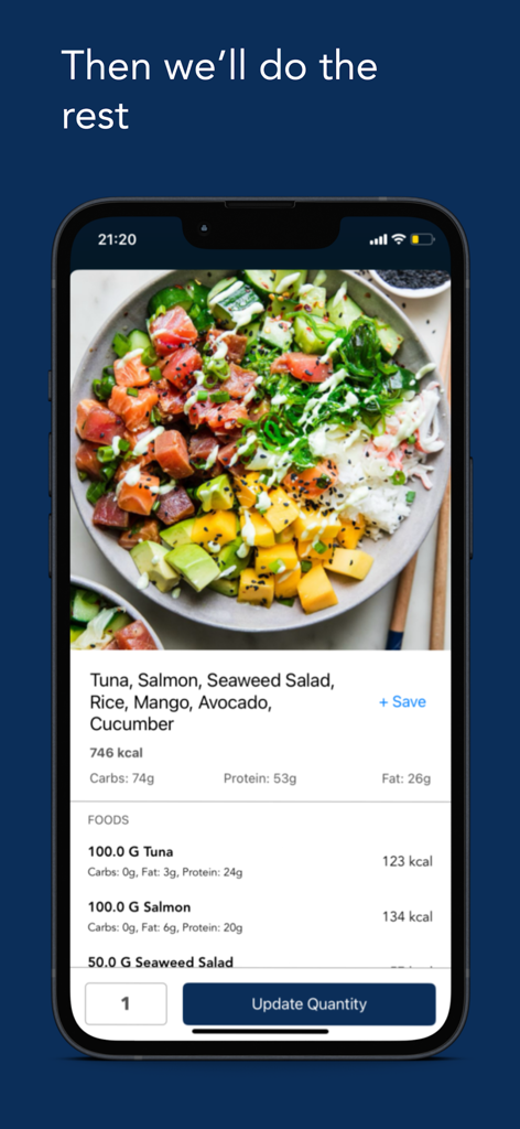 Sano: Photo Calorie Tracking - Sano app screen showing an AI-powered nutritional breakdown of a poke bowl including calories and macros.