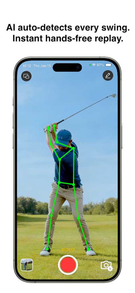 DualSwing app interface showing AI skeletal tracking overlay on a golfer during a swing.