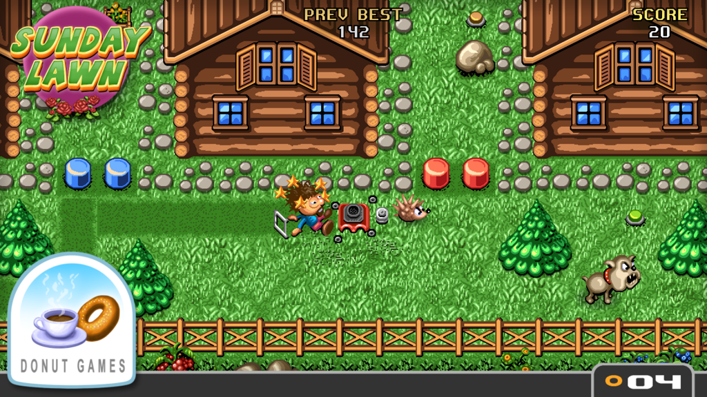 Sunday Lawn - A top-down gameplay view of Sunday Lawn where the character Charlie is mowing grass while avoiding obstacles like a dog and a hedgehog.
