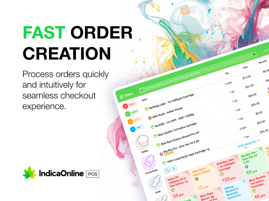 IndicaOnline POS tablet interface showing the fast order creation and checkout process