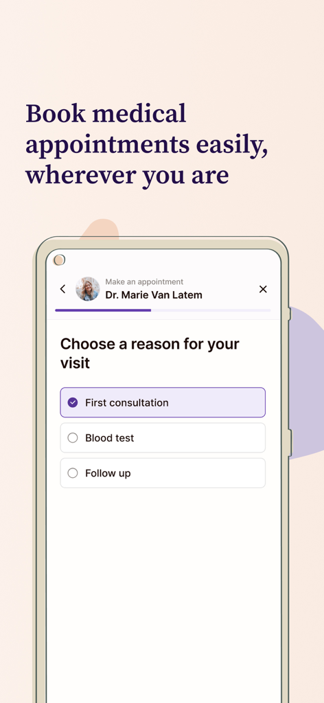 Rosa - Rosa app interface for booking a medical appointment, showing options to choose a visit reason such as first consultation or blood test.