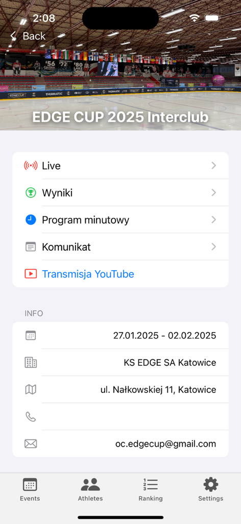 Tela de detalhes do evento Edge Cup 2025 no Skating App mostrando resultados ao vivo, programação e informações do local.
