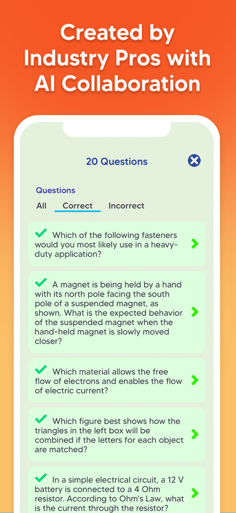 ASVAB Practice Prep Test 2025 - A list of correctly answered questions within the ASVAB Practice Prep Test 2025 app interface