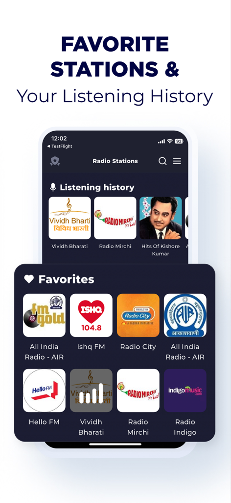 India Radio Online: AIR Radio - Mobile app screen showing favorite Indian radio stations and user listening history