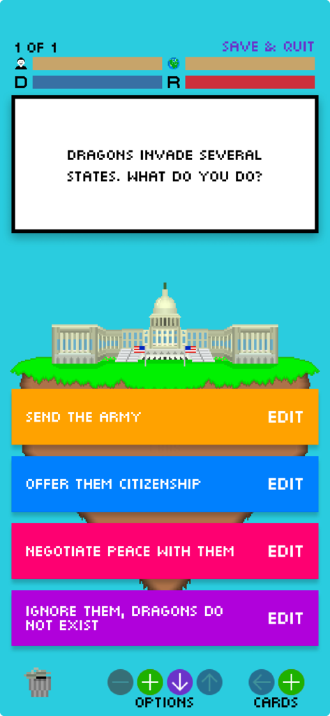 Impeached 2 - A gameplay screenshot of Impeached 2 showing a satirical scenario about a dragon invasion with various choice buttons.