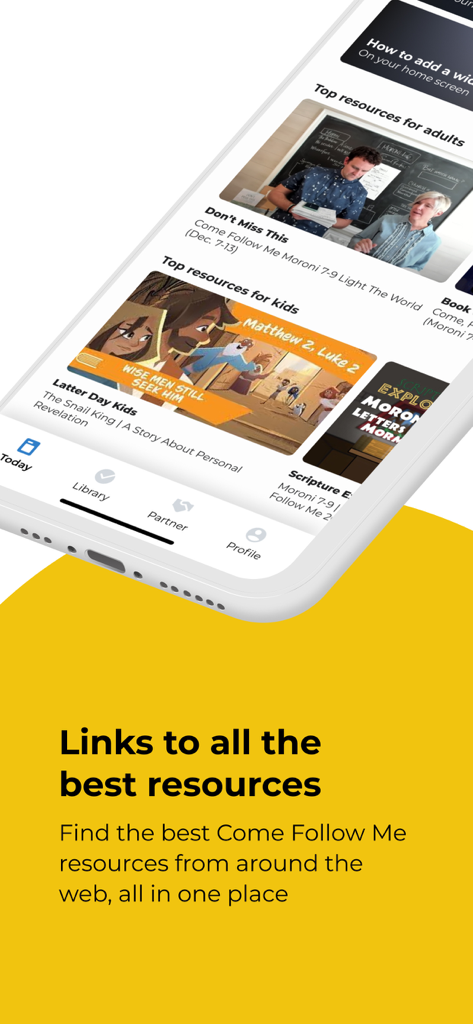 We Believe - Interface of the We Believe app displaying Come Follow Me study resources for adults and children.