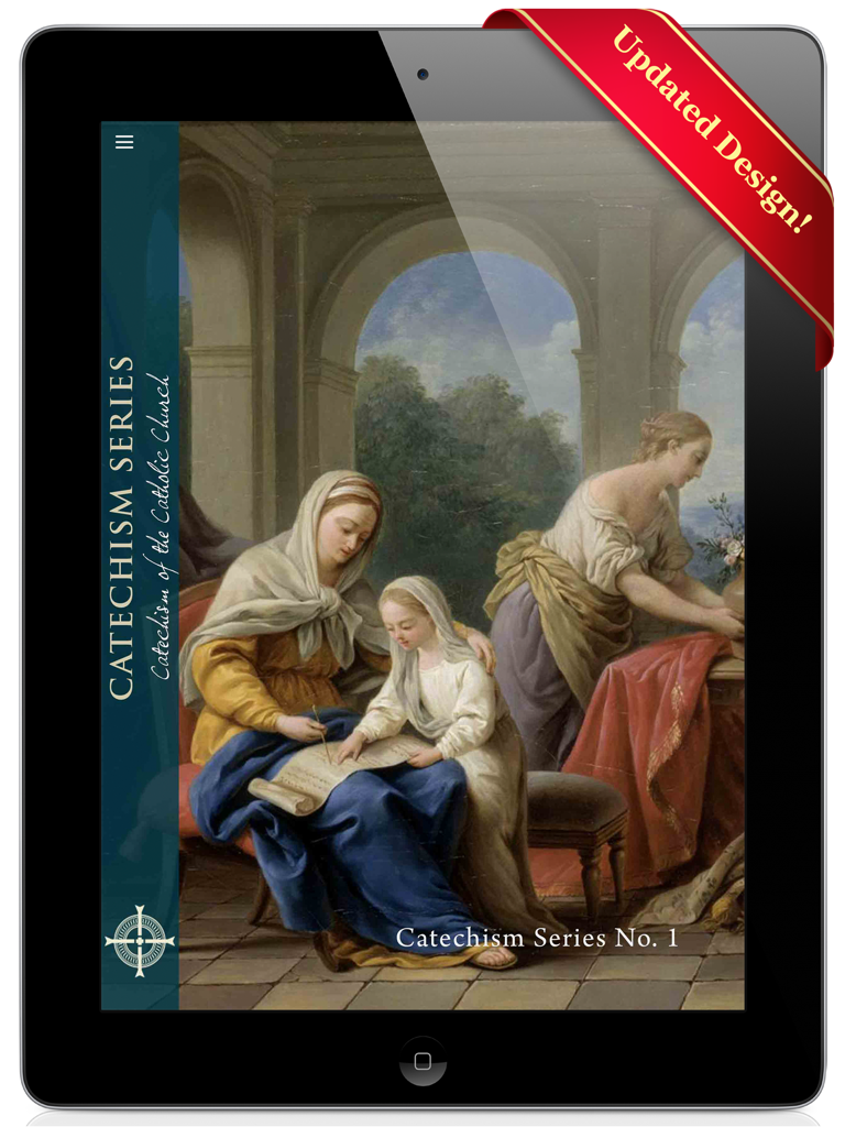 CCCSeries1HD - Home screen of the CCCSeries1HD iPad app featuring classical religious artwork and the Catechism of the Catholic Church title.