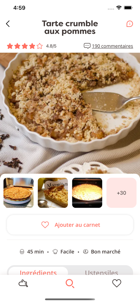 Marmiton mobile app recipe page for an apple crumble tart showing ratings and cooking time.