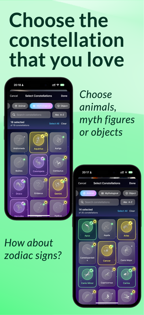 Skymap: Constellation Finder - Interfaz para elegir constelaciones de animales, mitológicas y del zodiaco en la aplicación.