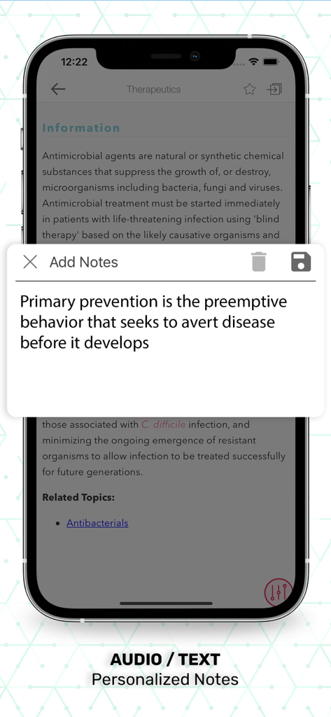 Interface de anotações personalizadas no aplicativo médico Essentials Clinical Medicine mostrando uma anotação sobre prevenção primária.