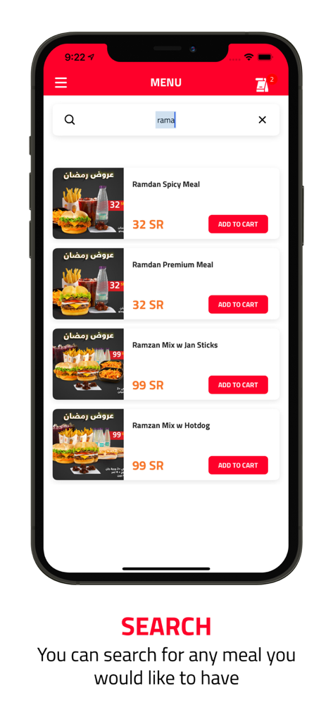 Jan Burger | جان برجر - Jan Burger app search screen showing Ramadan meal offers with prices and add to cart buttons