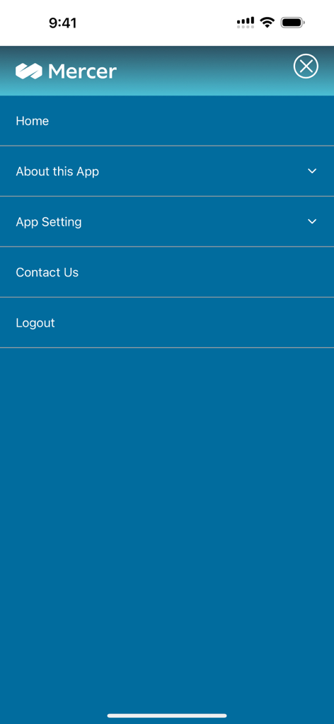 Mercer NZ - Pantalla del menú principal de la aplicación financiera Mercer NZ con enlaces de navegación.