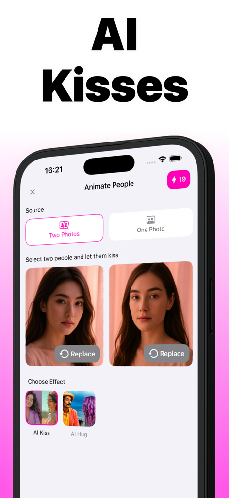 AI Kiss app interface showing the animate people feature to create AI kiss videos from two photos