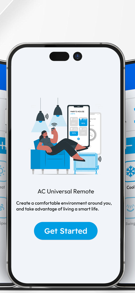 Air-Conditioner remote control - Smartphone mostrando la pantalla de bienvenida de la aplicación AC Universal Remote con ilustraciones de control del hogar inteligente.