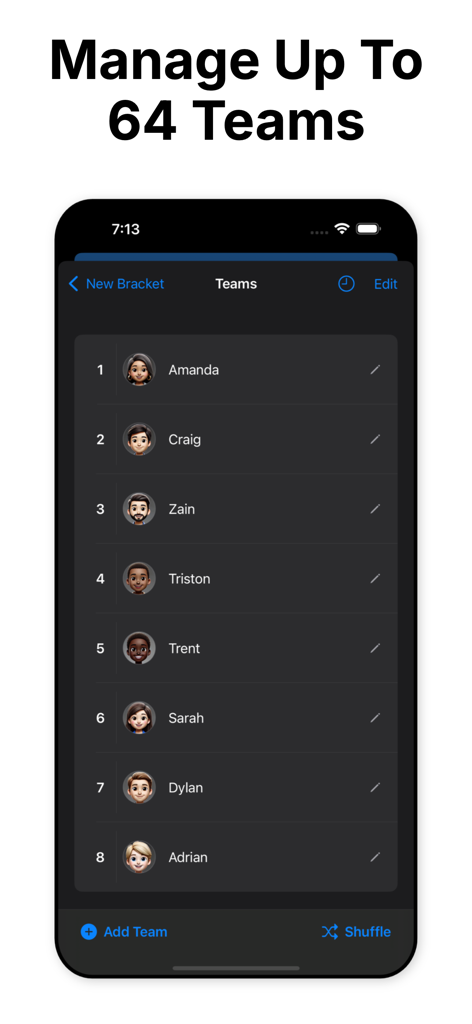 Bracket App - Bracket Appのトーナメントチーム管理画面。ダークモードでカスタムアバター付きの参加者リストを表示。