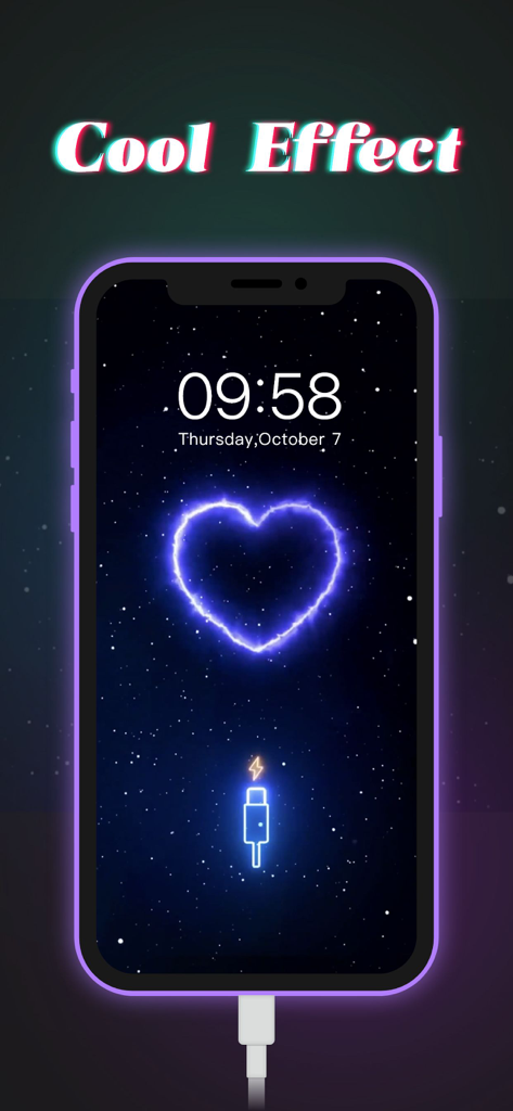 Smartphone screen with a glowing blue heart charging animation and starry background