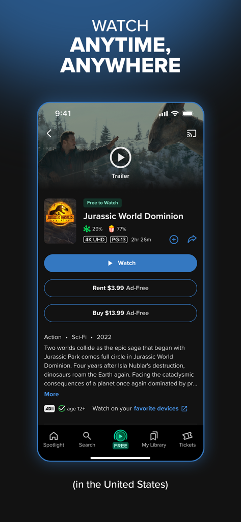Fandango at Home app interface showing movie details for Jurassic World Dominion with rental and purchase options